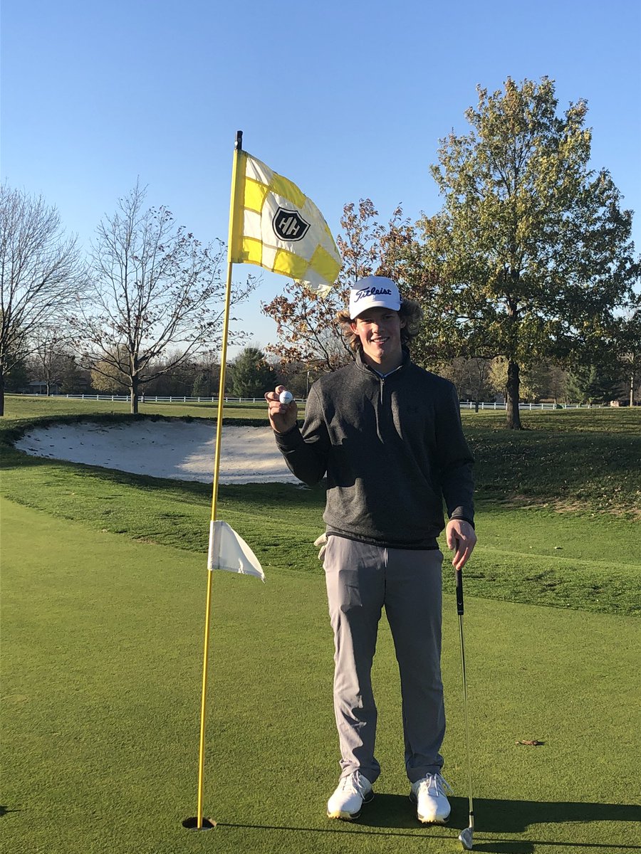 HBBoysGolf's tweet photo. Erik Miller recorded a hole-in-one on hole #7 @HickoryHillsGC. The hole played 180 yards and he used a 7 iron! Congrats Erik and what a great way to end the season with a 9 hole scramble! https://t.co/HObHkanCDB