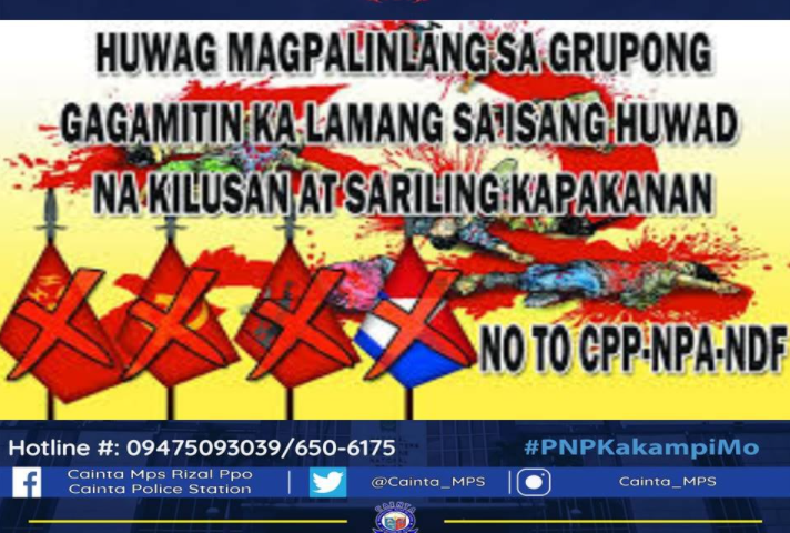 Cainta_MPS's tweet photo. HUWAG MAGPALINLANG SA GRUPONG GAGAMITIN KA LAMANG SA ISANG HUAWAD NA KILUSAN AT SARILING KAPAKANAN.
NO TO CPP-NPA NDF
#PNPPATROLPIan2030
#INSTITUTIONALIZED
#TeamPNP
#WeServeAndProtect
#PNPKakampiMo
#TeamCALABARZON
#PNP4A
#TatakManongEnteng https://t.co/okPi0QINl1