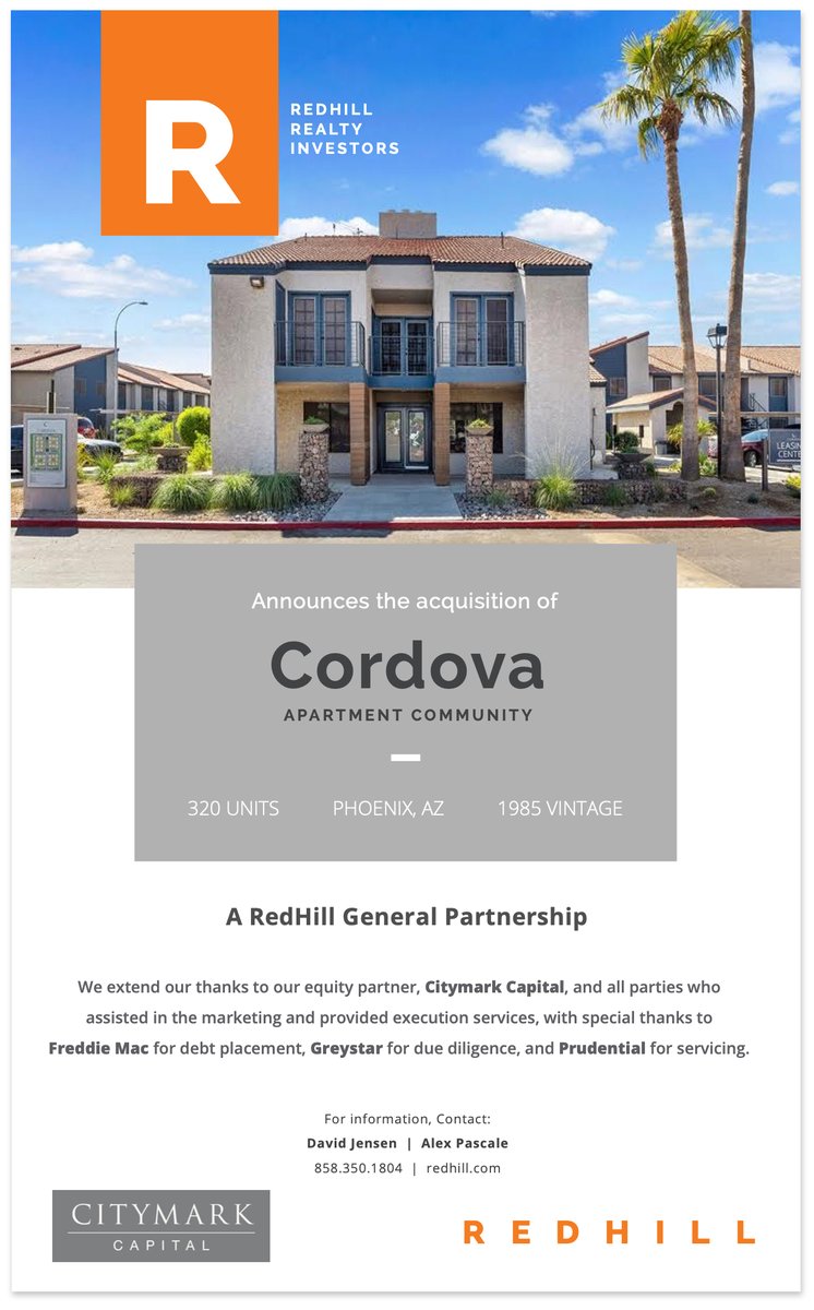 redhillrealty's tweet image. RedHill is pleased to announce its most recent acquisition of Cordova. 

We extend our thanks to our equity partner, Citymark Capital, and all parties who assisted in the marketing and provided execution services.

#thinkvalue #multifamily