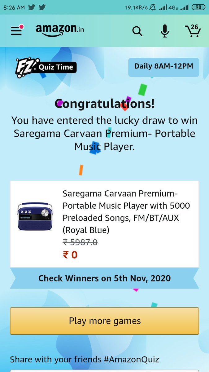 SurajJoshi875's tweet photo. @amazonInQuiz #QuizTimeMoringsWithAmazon 
#Quiztimemorningswithamazon 
#quiztimemorningwithamazon 
#AmazonQuiz 
#AmazonIndia 
#QuizTime 
#FunZone
#Amazon https://t.co/TEWEWlahbS