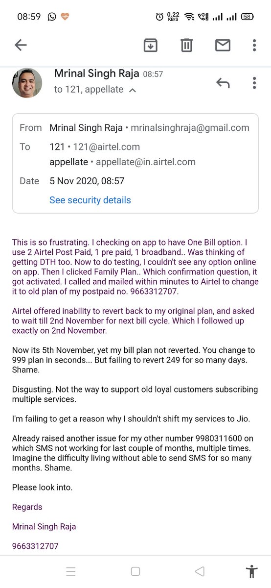 mrinal_raja's tweet photo. @airtelindia @Airtel_Presence

You change to 999 plan in seconds... But failing to revert 249 for so many days. Please help. Refer screenshot for more details. https://t.co/wtgVEceHHi