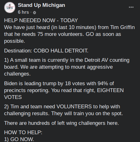 This is getting organized on established  @Facebook groups in contested states, I've been watching it develop. Once again, disinformation spread on that platform is being used to disrupt the democratic process, right this second. https://twitter.com/KyungLahCNN/status/1324188580642607110