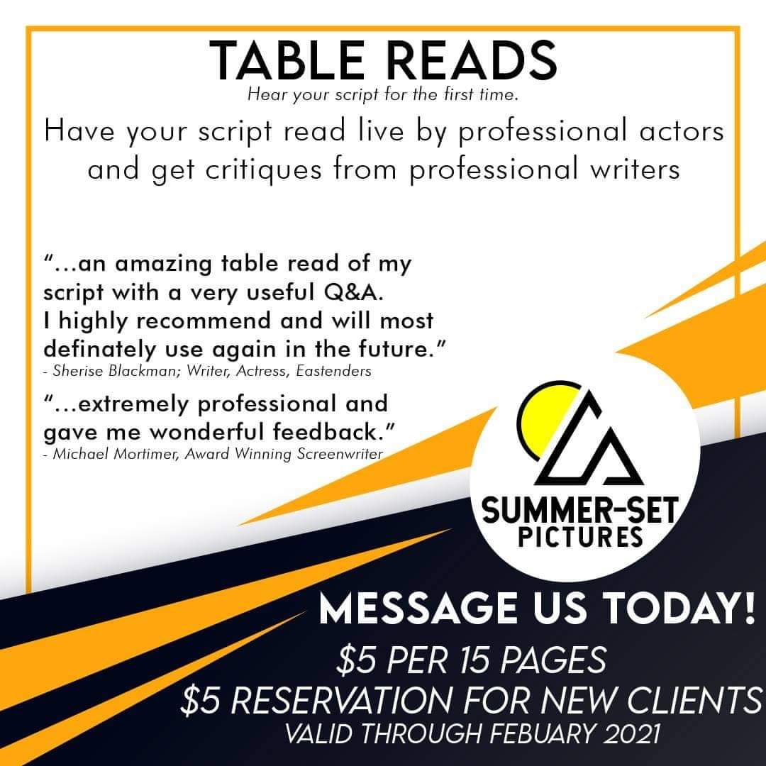 summersetpics's tweet photo. We've been doing #VirtualTableReads for #Screenwriters during the #Pandemic. We offer professional actors &amp; valuable feedback for your scripts! Email for more info &amp; check out our FB page for testimonials! Links in Bio!  #screenwriting https://t.co/dqJiVQRbS9