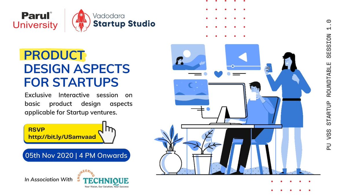 VStartupStudio's tweet image. Vadodara Startup Studio powered by Parul University organizing session on theme of &apos;Product Design Aspects For Startups&apos; in Association with Engineering Technique at 05th November, 2020 | 04 PM Onwards. #StartupRoundTable
#ParulUniversity #VSS #PU #VStartupStudio