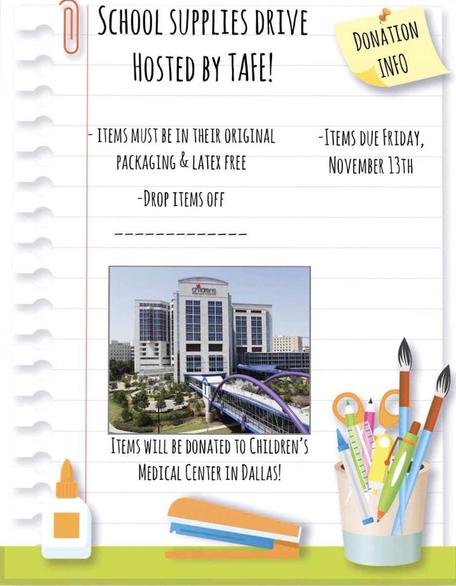 khs_tafe's tweet photo. TAFE is collecting donations for Children’s Medical Center! Please drop your donations to room 1623 by Friday, November 13th! https://t.co/OJHAa9kJEf