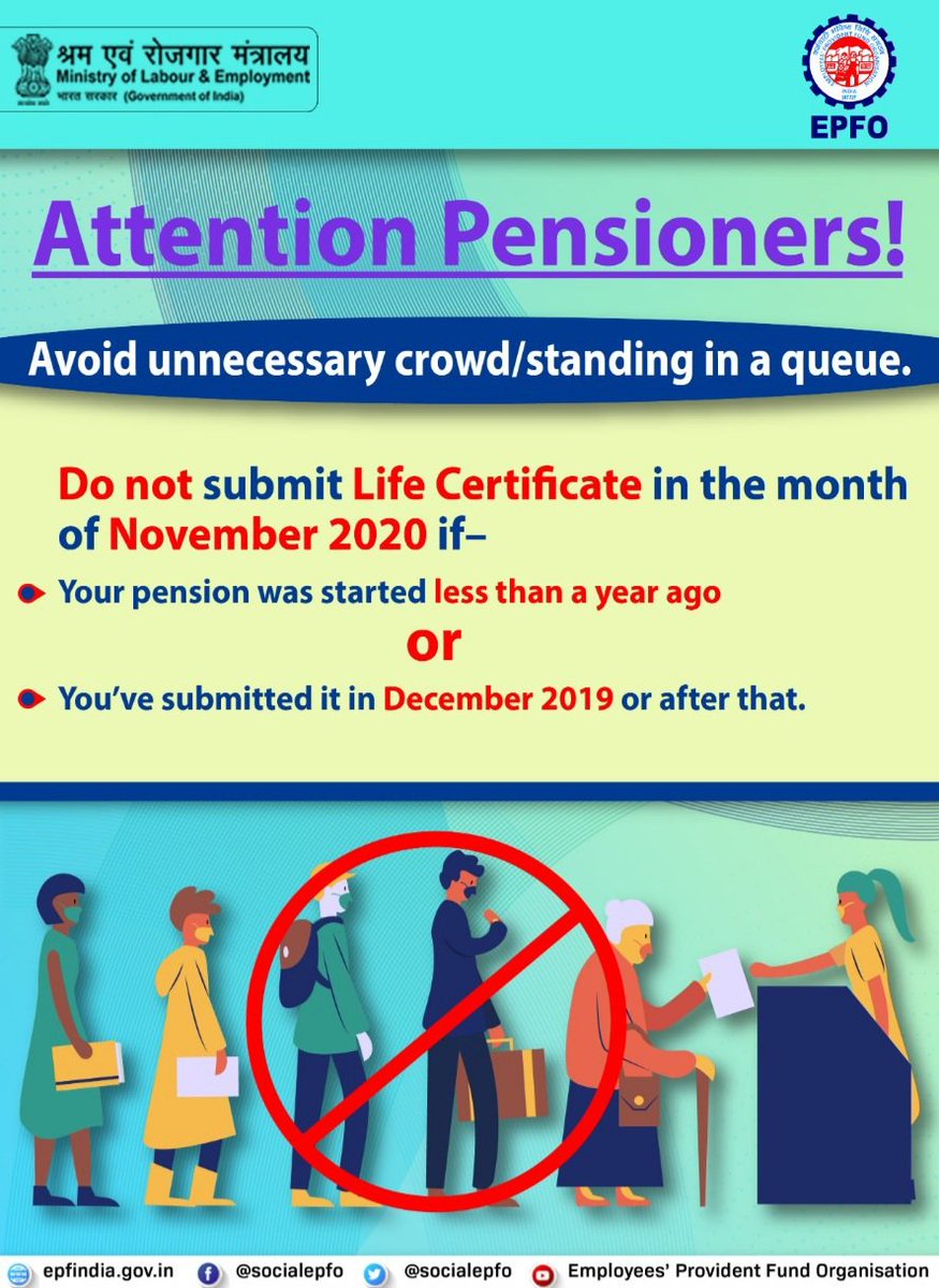officialepfo's tweet photo. Attention Pensioners!

Avoid unnecessary crowd/standing in queue

पेंशनर ध्यान दें- अनावश्यक भीड़ व कतार में खड़े होने से बचें।

#EPFO #SocialSecurity  #HumHainNa #Pension https://t.co/2dPS9lIBM2
