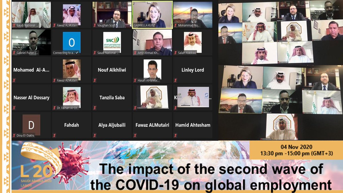 SNCWCs's tweet photo. عقدت اليوم مجموعة تواصل العمال @L20KSA  واللجنة الوطنية للجان العمالية فى المملكة @SNCWCs  و جامعة الأمير سلطان بن عبدالعزيز @PSU_RUH ندوة حول تأثيرات الموجه الثانية لفيروس #كورونا على سوق العمل العالمي بحضور عدد من المهتمين https://t.co/SAPhFeyiuA