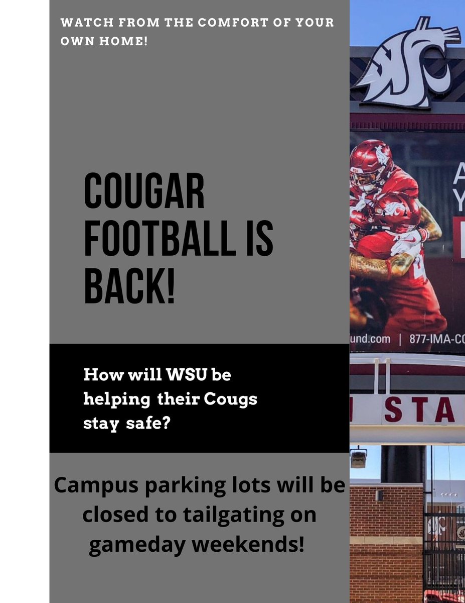 We are so excited that football is back but it's important to keep everyone safe! Therefore, campus parking lots will be closed to tailgating on game day weekends. No camping or portable structures will be allowed on campus, including in parking lots.
#CougarFootball #WSUParking