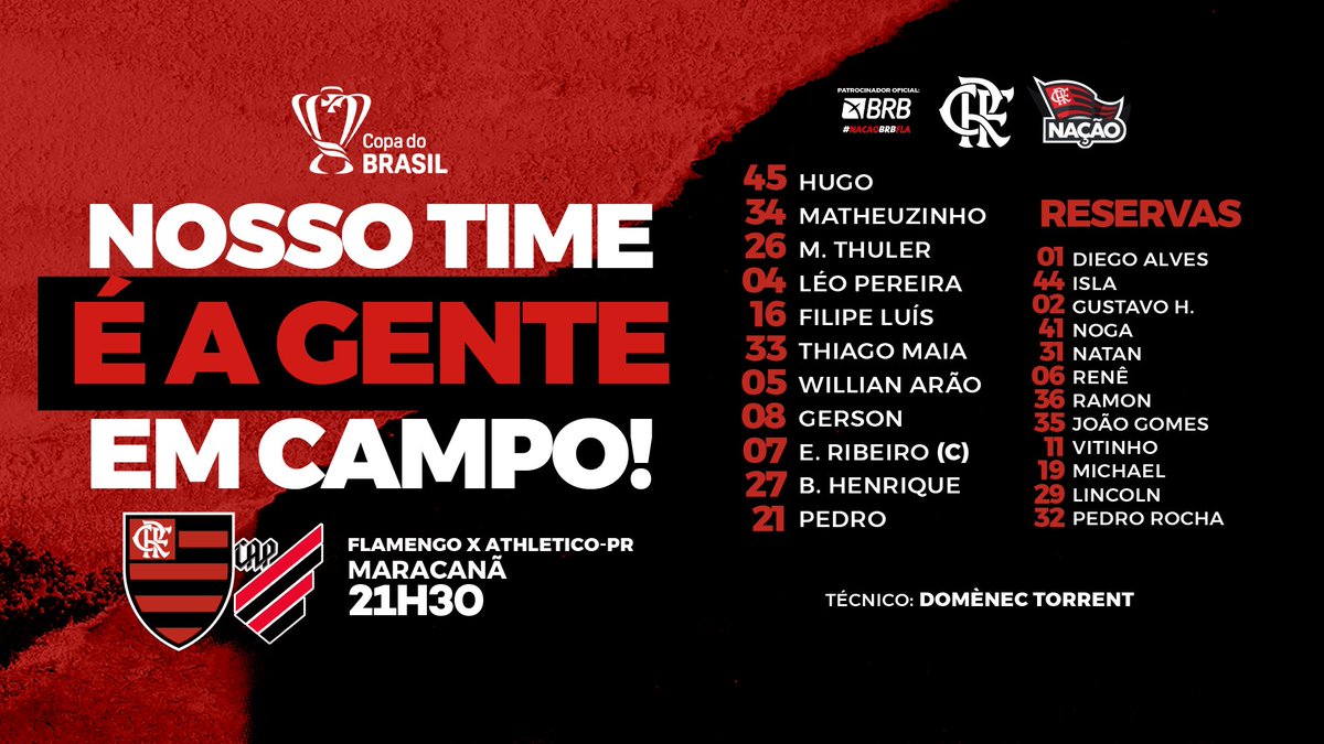 Flamengo's tweet photo. Nosso Time é a Gente Em Campo! O Mengão está escalado para enfrentar o Athletico-PR pelo jogo de volta das oitavas de final da Copa do Brasil. Pra cima! #FLAxCAP #VamosFlamengo https://t.co/hxYHsvftRn