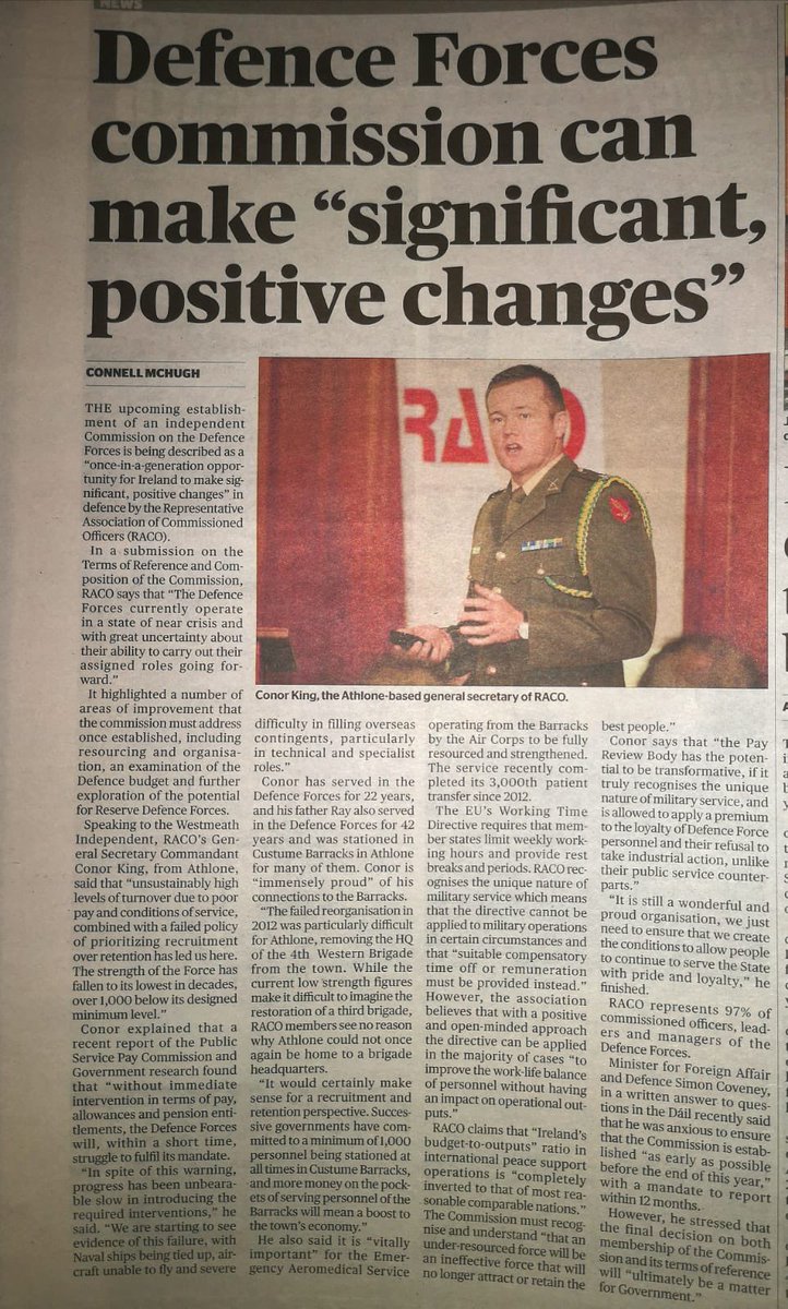 RACO_DF's tweet photo. Interview with @RACO_DF General Secretary @ConorKing1980 in the @westmeathindo today. #Defence Commission is a once in a generation opportunity to make significant, positive changes in Defence and in how we govern and value  @IRLDeptDefence and @defenceforces. Let’s hope so! https://t.co/shxpNdQl9I