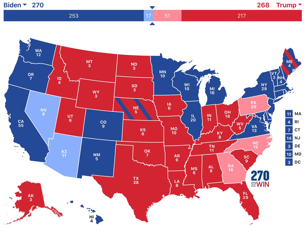 "A l'aide je comprends plus rien, on en est où des élections américaines ?" Un résumé  : il reste 5 Etats dont on attend les résultats (en pastel). Si Biden gagne la Pennsylvanie, ou n'importe quels 2 parmi les 4 autres Etats, il remportera l'élection.