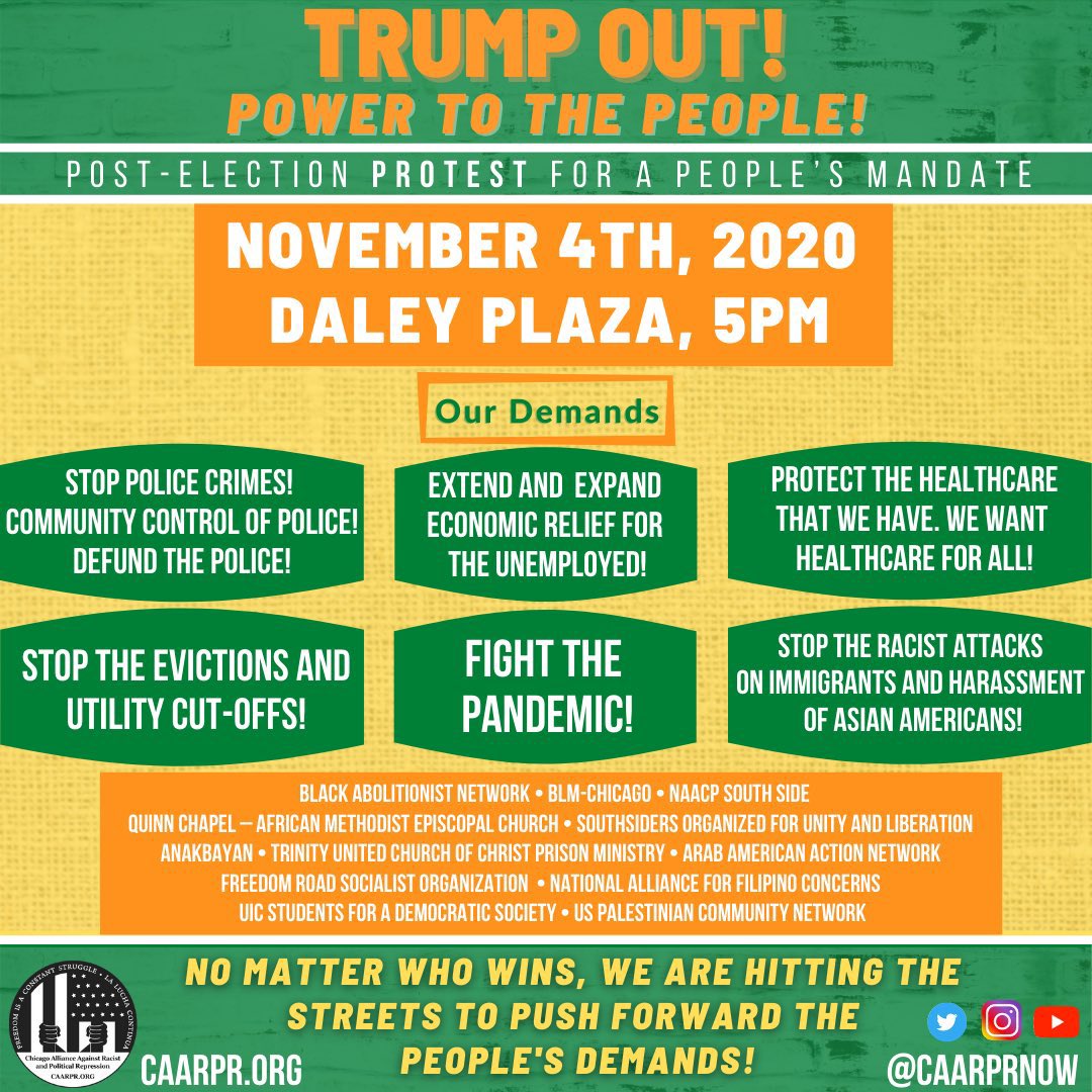 vashon_photo's tweet photo. CHICAGO: Trump Out! Power to the People! Post-Election Protest for a People's Mandate

📍Daley Plaza 

#ChicagoProtests #DefundThePolice #CPACNow #StopEvictions #HousingForAll #HealthcareForAll #IncomeForAll https://t.co/8LQS5jqbbw