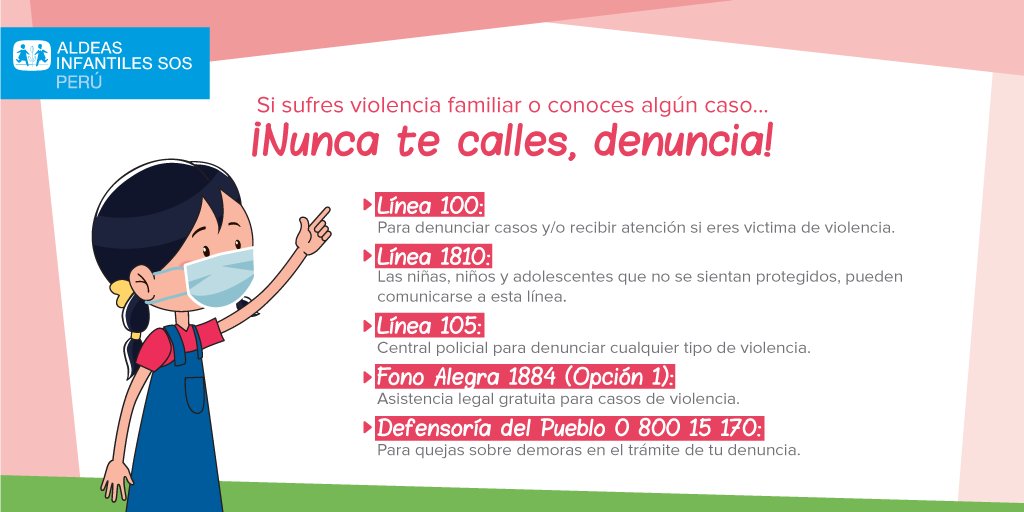 AldeasSOSPeru's tweet photo. 😷📣La mascarilla NO debe callar nuestra voz | Todas y todos debemos actuar para combatir al virus de la violencia familiar. Haz RT y ayúdanos a difundir las líneas gratuitas de atención. #FamiliasLibresDeViolencia #FLDV
Más información en👉🏼https://t.co/SJ8lfNqlhM https://t.co/JhAuTZmpxE