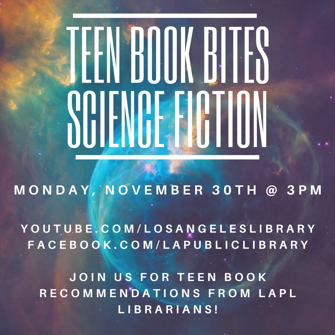 BaldwinHills's tweet photo. The next #TeenBookBites will feature Sci-Fi book recommendations for #LAPLTeens by #LAPLLibrarians!
Tune in live:
https://t.co/efVxrNSi1K https://t.co/CEyKEgdjGm
on Monday, November 30th at 3pm! https://t.co/wBKW1s74Xs