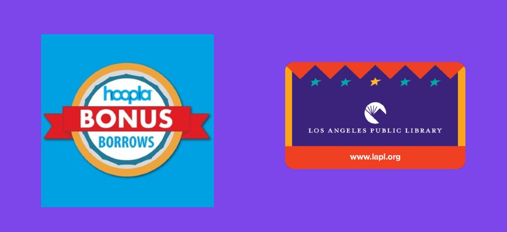 a large banner introducting hoopla bonus borrows next to a large library card image