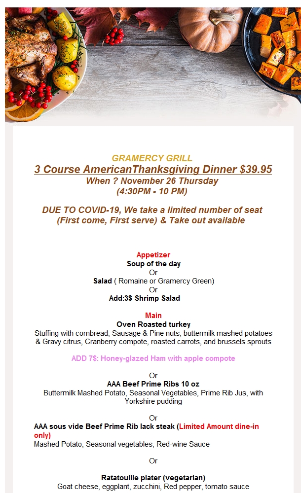 GramercyGrill's tweet photo. American Thanksgiving Turkey &amp; Prime Rib dinner on Nov26 https://t.co/lPyVAy4s4k https://t.co/AmQuzN0Q4a