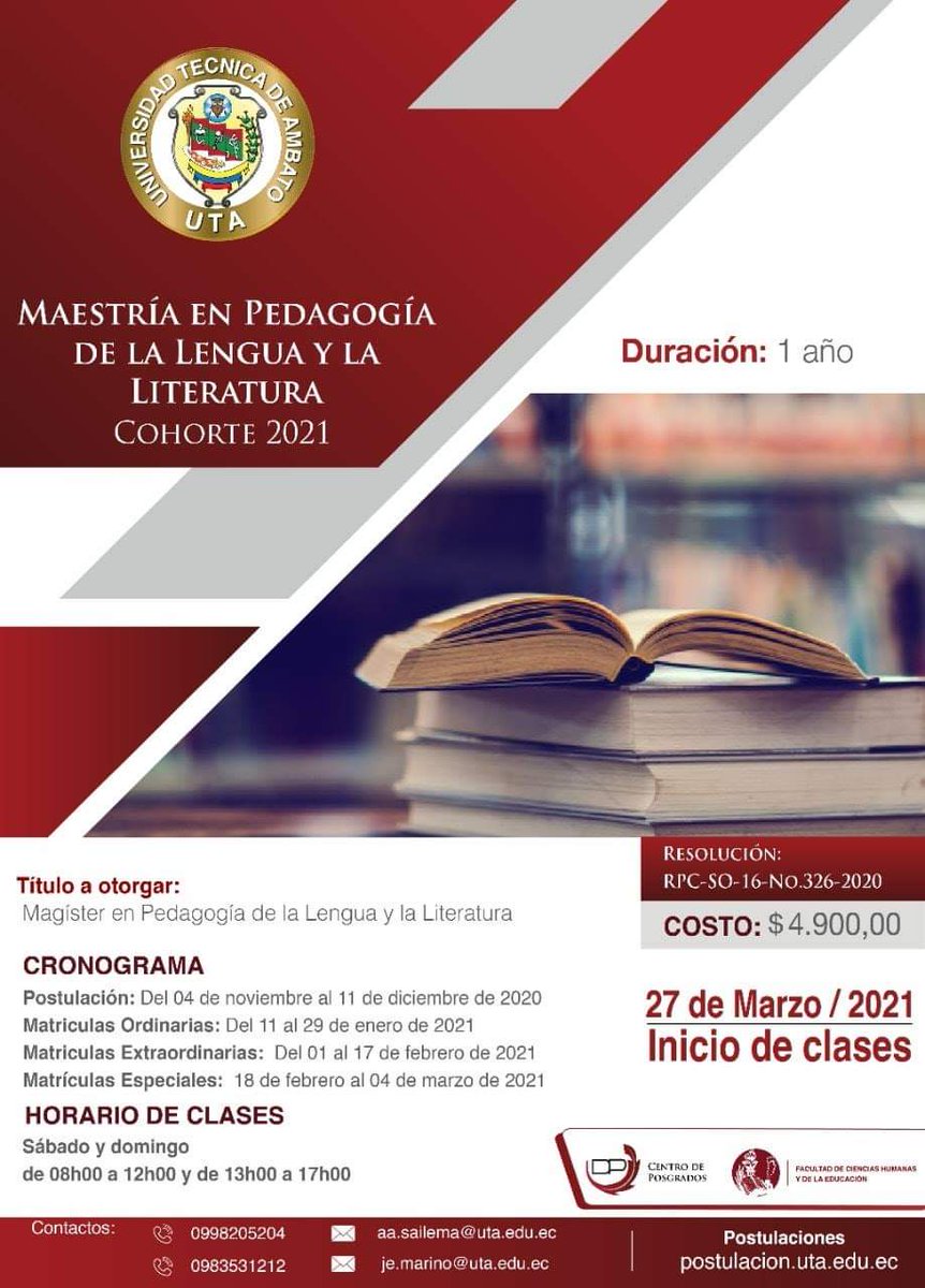 vhernandezdels's tweet photo. Estás preparado para llevar tus estudios a otro nivel????
Iniciamos ya con las inscripciones para las cuatro nuevas Maestrías en la FCHE-UTA.
1. Maestría en Educación mención Matemáticas.
2. Maestría en Turismo.
3. Maestría en Inglés.
4. Maestría en Lenguaje https://t.co/8kiLMevg8f