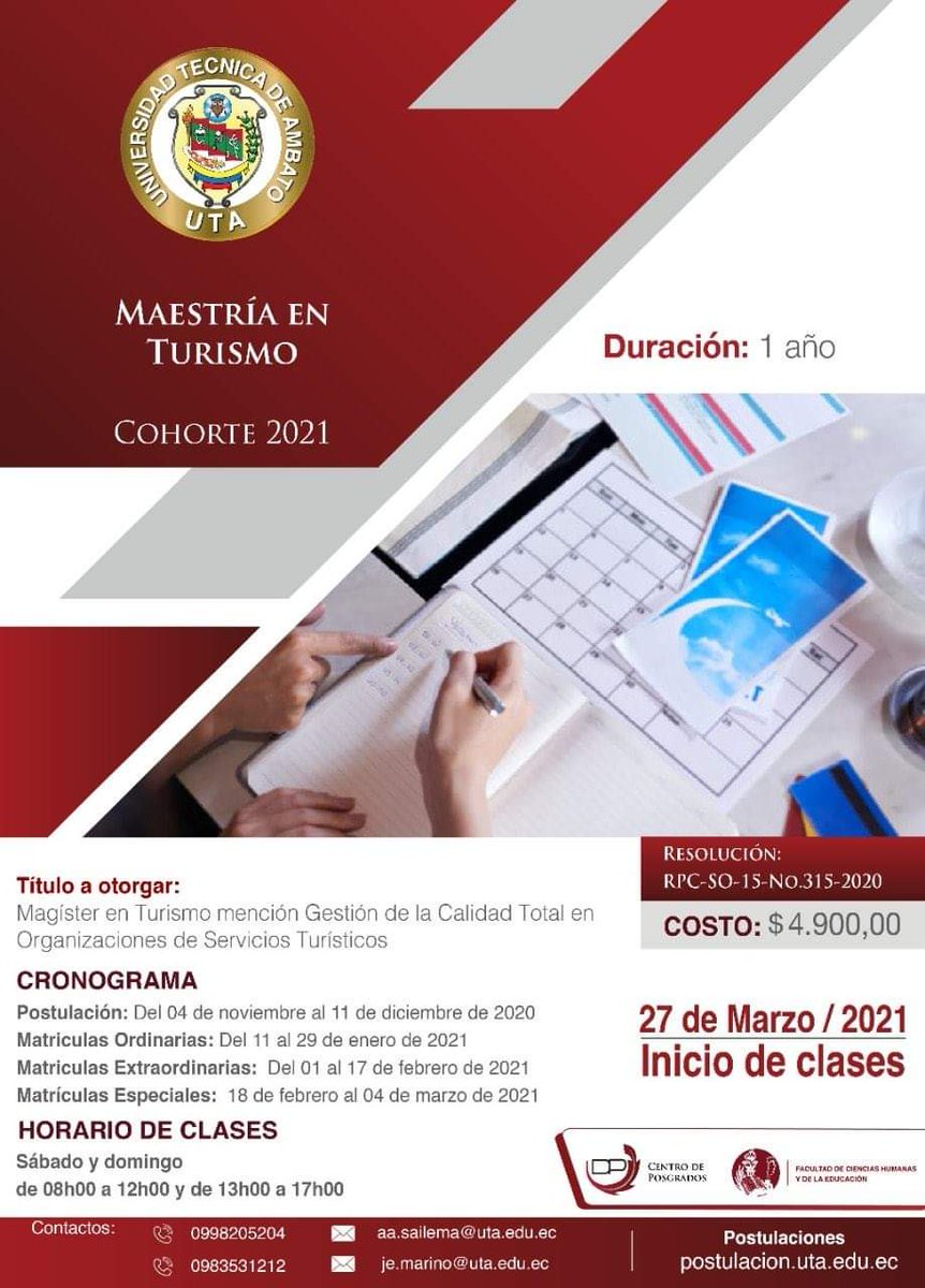 vhernandezdels's tweet photo. Estás preparado para llevar tus estudios a otro nivel????
Iniciamos ya con las inscripciones para las cuatro nuevas Maestrías en la FCHE-UTA.
1. Maestría en Educación mención Matemáticas.
2. Maestría en Turismo.
3. Maestría en Inglés.
4. Maestría en Lenguaje https://t.co/8kiLMevg8f