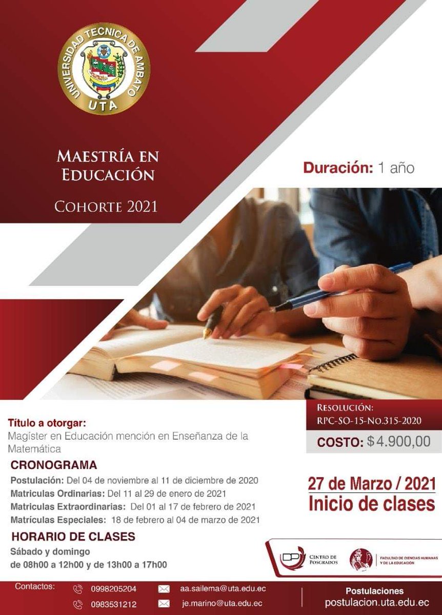 vhernandezdels's tweet photo. Estás preparado para llevar tus estudios a otro nivel????
Iniciamos ya con las inscripciones para las cuatro nuevas Maestrías en la FCHE-UTA.
1. Maestría en Educación mención Matemáticas.
2. Maestría en Turismo.
3. Maestría en Inglés.
4. Maestría en Lenguaje https://t.co/8kiLMevg8f