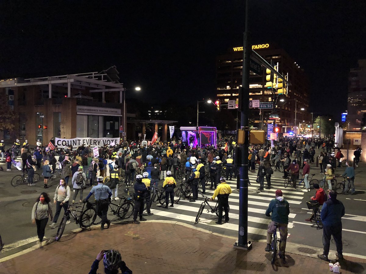 arleeonair's tweet photo. In front of the constitution center right now: a protest for racial justice #BlackLivesMatter on one side and a protest for democracy #EveryVoteCounts on the other side. What a time. #phillyprotest https://t.co/nNaiPVt7gB