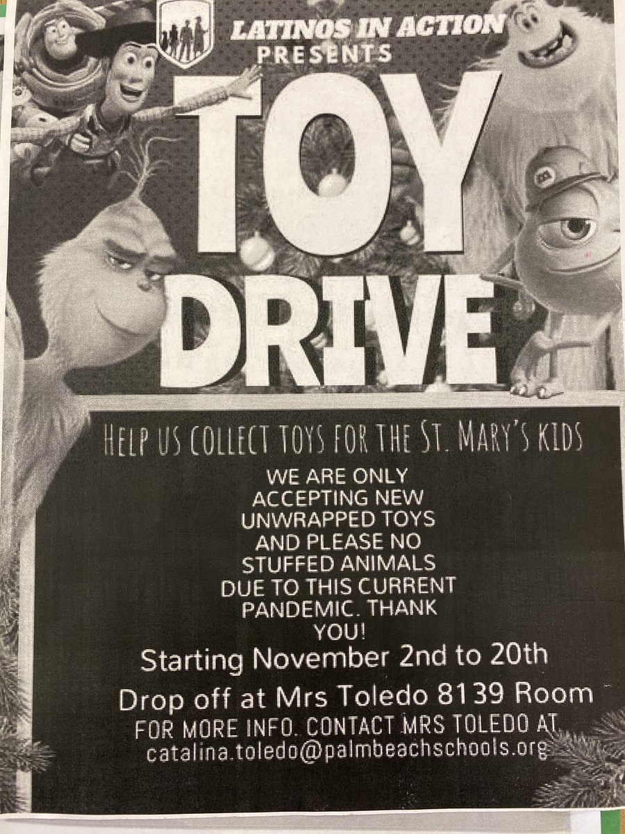 Help LIA with our toy drive. Please help put a smile on child’s face and donate new unwrapped toys. You can drop off toys in Mrs Toledo’s room. Will be available for virtual students to drop off toys.. email me #bethchange @shsthetribe @SantalucesHS @Prin_Robinson