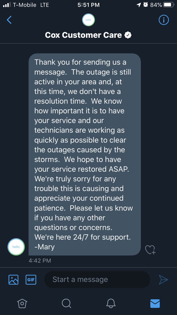 theDoBetters's tweet photo. @CoxComm sent @CoxHelp to tell me what I already know: there is an outage that they are theoretically going to resolve in no specified time frame. I feel like this made me more mad. #thanksfornothing #rescueus @ATT @GetSpectrum #anyonebutcox #evictCox https://t.co/SLtuuN30H8