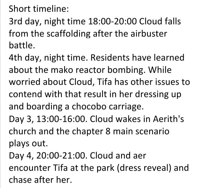 Okay, so the quest for Tifa is massive with a lot of detail and even includes timeline info, so I'm just gonna add a rough summation of it all. Reminder: I'm not a translator. If I've made errors it's because the app I used wasn't clear enough with the context.
