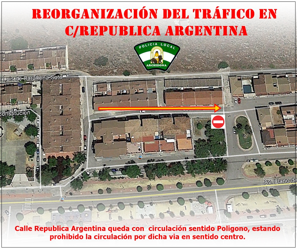 TRAFICO ¡¡¡¡¡¡ 

REORGANIZACIÓN de la Calle Republica Argentina, que pasa, a ser de sentido UNICO, hacia el POLIGONO, estando prohibida la circulacion sentido CENTRO.

Respeten las señales

#PolicíaLocalArchidona
<a href="/Poli_Archidona/">P.Local Archidona</a>