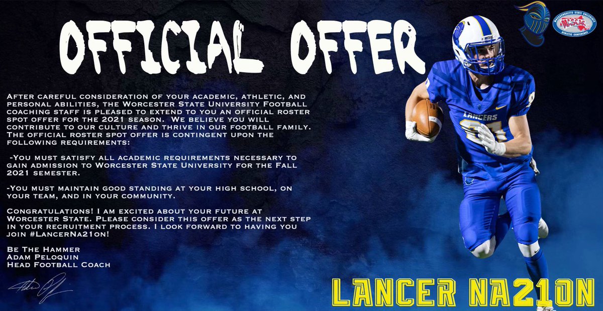 Nick_5216's tweet photo. After a great visit and talk with @CoachBesaw and @AdamPeloquin, I’m thankful to receive an offer from Worcester State University!
@WSU_LancerFB @ESAofMass https://t.co/ZklAAUcEHP