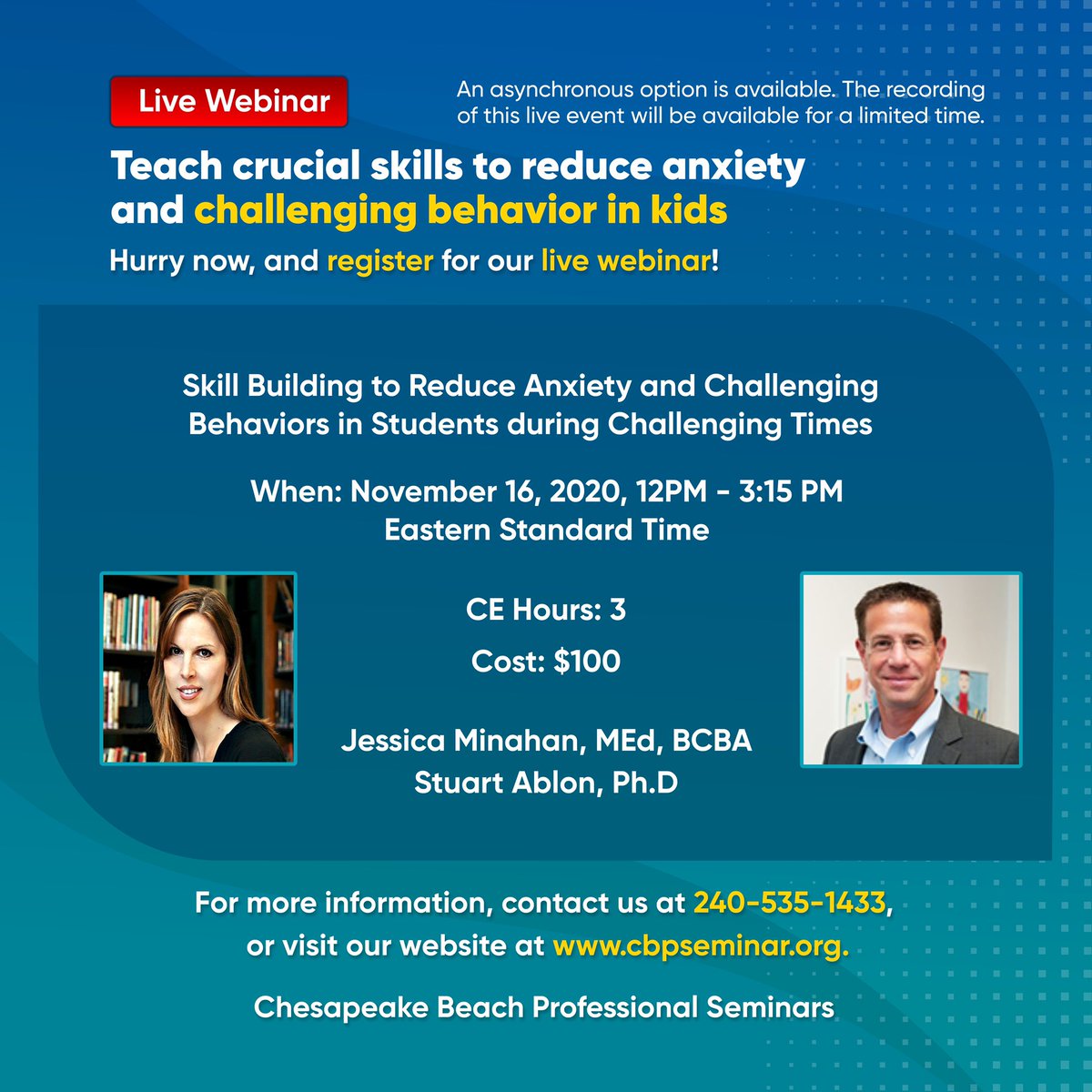 jessica_minahan's tweet photo. Anxiety is on the rise! Please join Stuart Ablon &amp; me on November 16th (recording available) to learn strategies to reduce anxiety, &amp; improve engagement in kids during these trying times! 
Would be great for a STAFF meeting or individually! Register here: https://t.co/kcBLBJ94yz https://t.co/vSJQjhhSwy