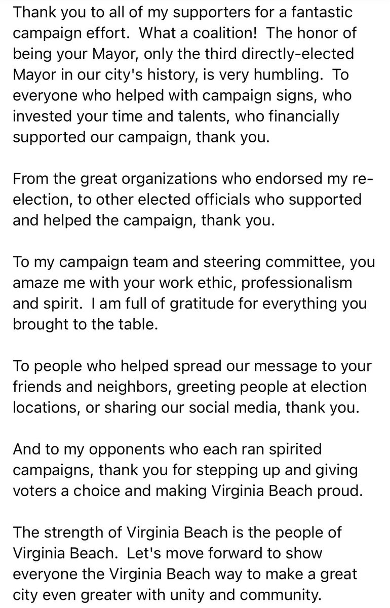 Thank you to the people of Virginia Beach! It is an honor to continue serving as your Mayor!