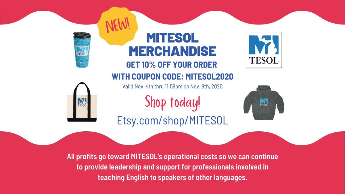 mitesol's tweet photo. Limited-time! Get 10% off your order at the MITESOL Store with code MITESOL2020
Only valid until 11:59pm on 11/09, so act fast!
https://t.co/syAcybzBCr
All profits will help us continue to provide leadership & support for TESOL professionals.
#mitesol #mitesol2020 #tesol https://t.co/ColMF8sjZW
