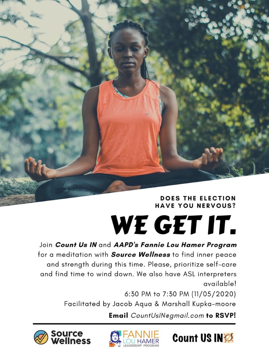 TillWeFree_AAPD's tweet photo. Stressed waiting for election results? We are too! Come join us and and @CountUsIndiana  for an hour of guided meditation, with ASL interpreters available!

#CripTheVote #YourVoiceMatters #BlackDisabledLivesMatter #YourMindMatters #MentalHealth https://t.co/K49wQCZXLP
