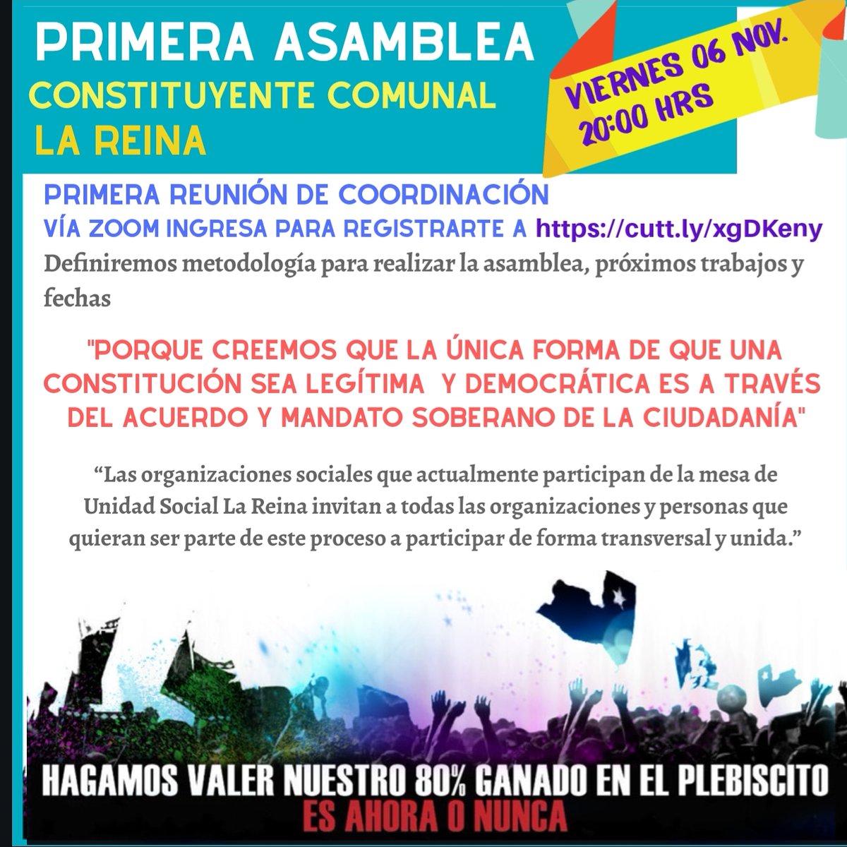 El viernes 06 Noviembre 
a las 20:00 hrs.
Participa,  todxs somos necesarixs
✊✊✊✊
#primeraasamblea 
#constituyente
#comunal
#LaReina