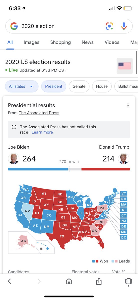 Landonscheel's tweet photo. @sauccystarrx Some places are using different resources / their own links to count votes. Most people use @AP , because they are the official vote counters. The numbers / map that pop up on google are the correct ones https://t.co/zcWWUHNV9A