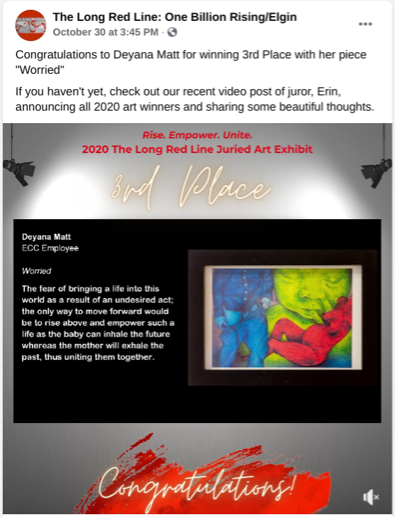 VisualDeyana's tweet photo. Sadly the in-person Art Exhibit was canceled due to Covid as it is always a wonderful as well as a thought-provoking experience for the students and artists to partake in for @VDay - Thank you @ElginCommColl for bringing awareness to us all every year! #TheLongRedLine https://t.co/pDOY3OlywP