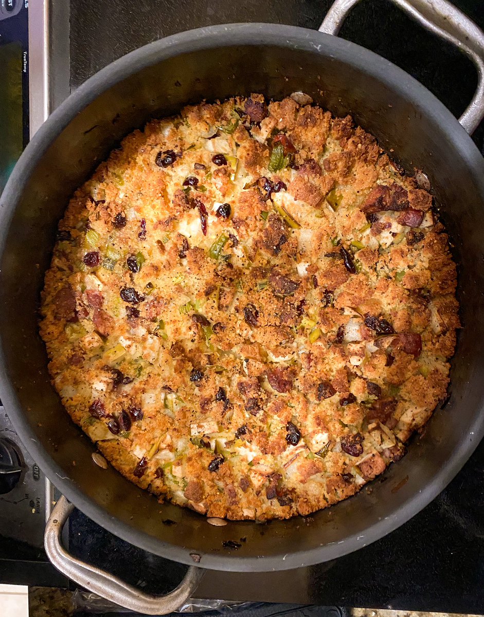 Thanks to <a href="/cochon555/">Cochon555</a>  and fabulous  @chefadrianne Thanksgiving came early this year after joining her zoom class to make Andouille cornbread stuffing. Enjoying an <a href="/EberleWinery/">Eberle Winery</a> #Côtes-du-Rôbles blanc and getting hammered watching election fallout