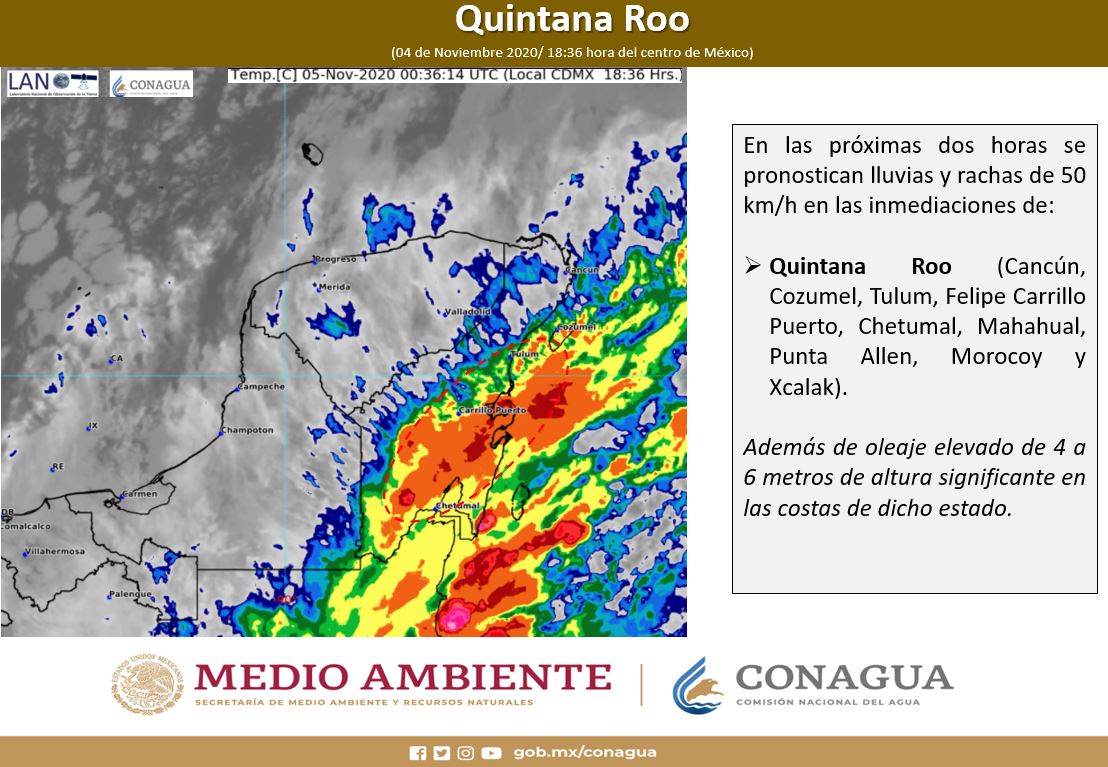 conagua_clima's tweet photo. Para las próximas 2 horas , #Lluvias y #Rachas de #Viento en #QuintanaRoo. Consulta los municipios 👇 https://t.co/7ujucX06qf