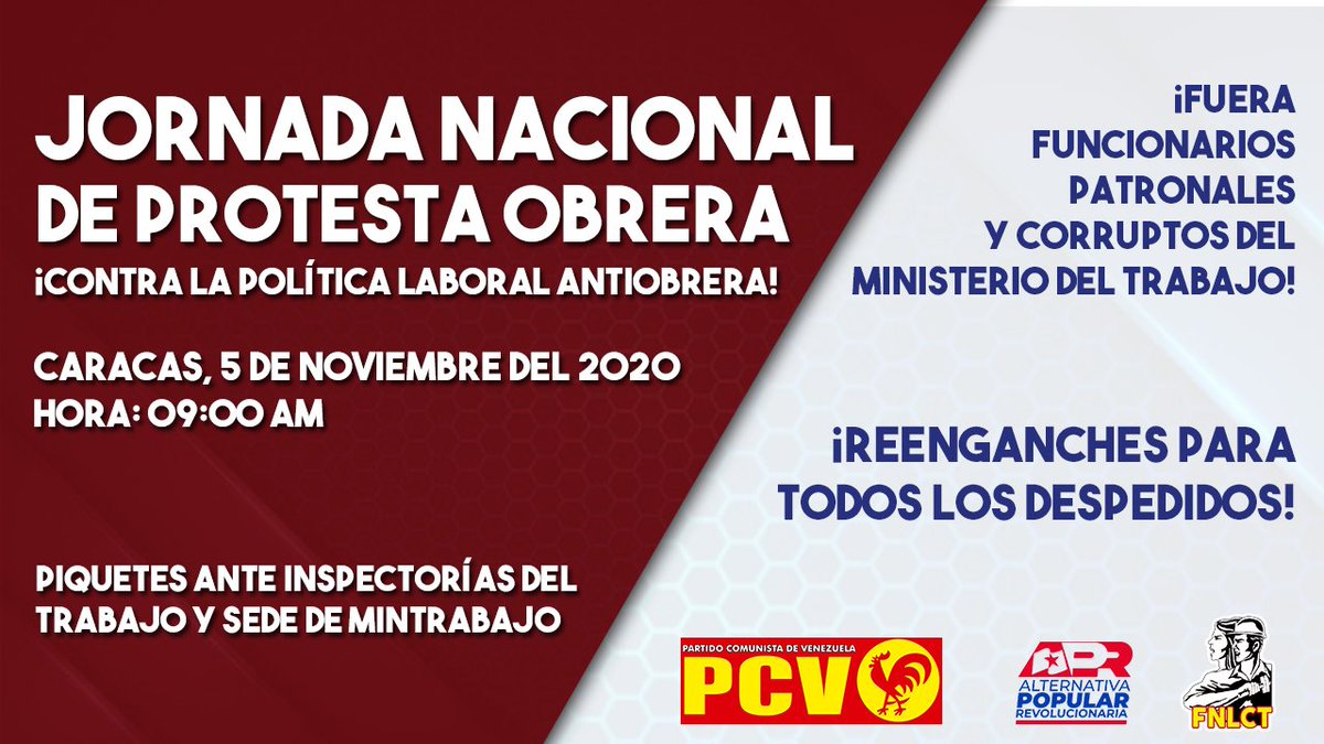 _TribunaPopular's tweet photo. #CONVOCATORIA | Este jueves #5Nov el movimiento obrero y sindical clasista desarrolla una jornada nacional de protesta contra las políticas antiobreras en el país.

¡Reenganche para los trabajadores despedidos!

¡Fuera los funcionarios patronales y corruptos del Min. Trabajo! https://t.co/nEurlTP99x