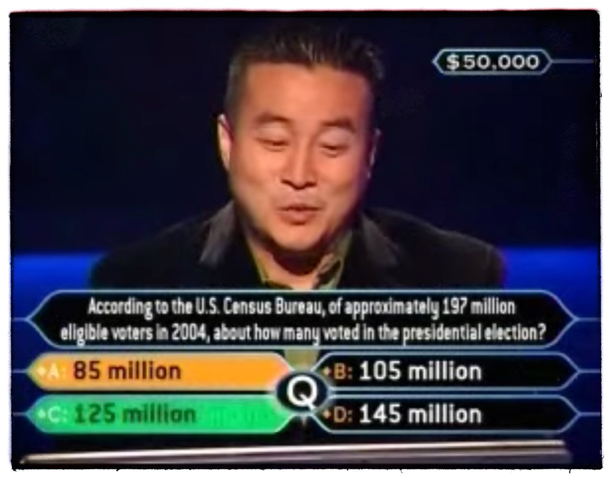 My kids asked why I spend so much time following election returns. I told them it's because I care about their future and our democracy. And that’s true. But also, I’ll be damned if I miss another $50,000 question about presidential voting results.  <a href="/MillionaireTV/">Millionaire TV</a>