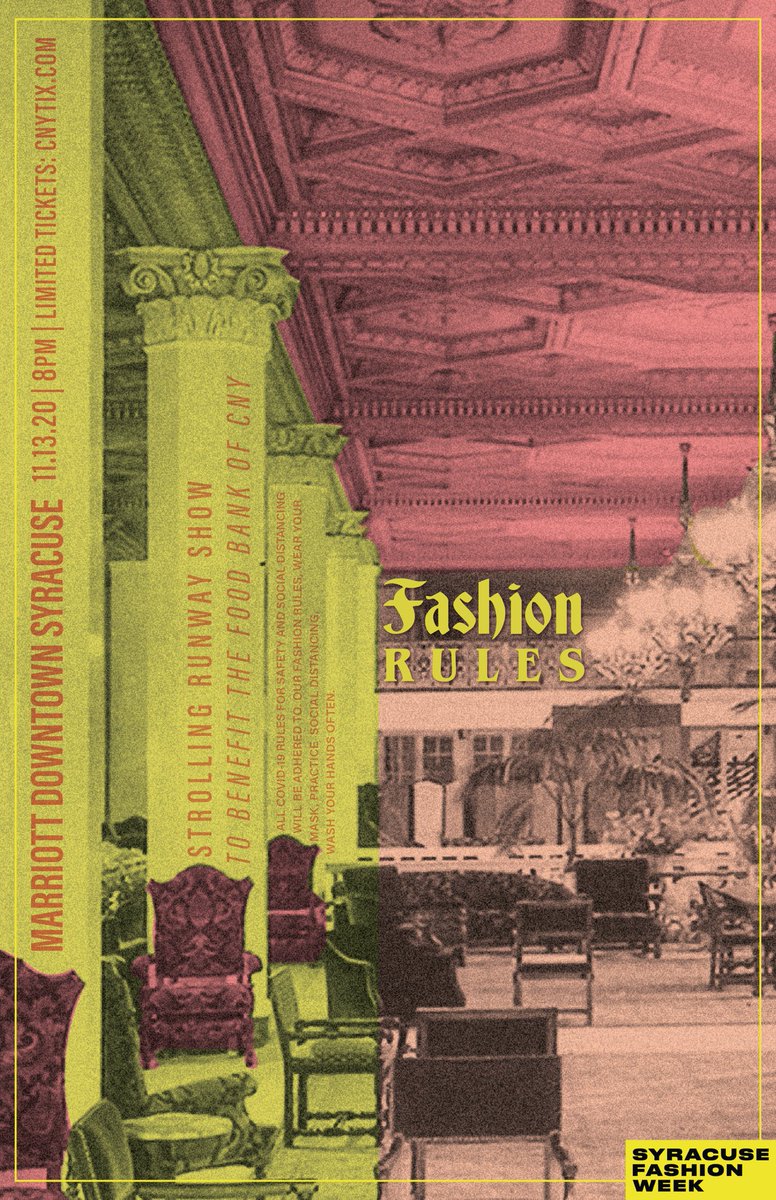 SyrFashionWk's tweet photo. Fashion Rules! Strolling socially distances runway show @MarriottSYR Tix on sale now @CNYTIX To benefit @FoodBankofCNY https://t.co/pK5Wwc1Ul5
