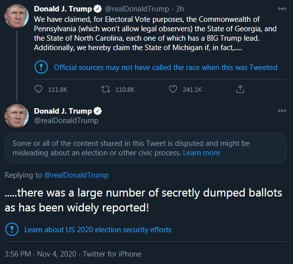 here Trump implies his odds in these states are favorable enough he has grounds to push thru legal process terms that will ultimately benefit him - implying Biden needs to back off, and if Biden doesn't, Trump has evidence of cheating he is willing to use - indirect blackmail