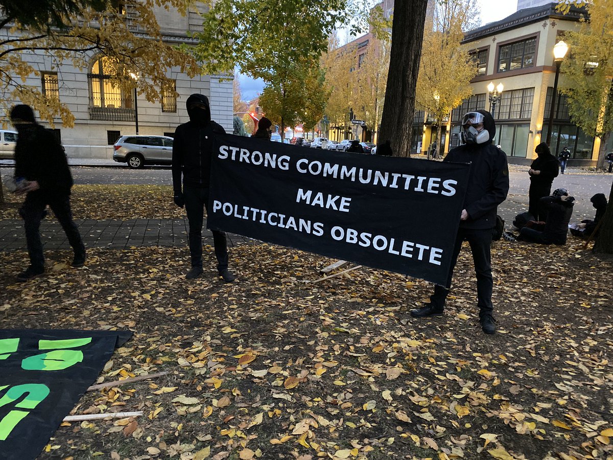 About 200 people are in downtown Portland for a planned protest, regardless of the winner, after the election. The social media flyer promoted becoming “ungovernable”Most of the protestors are dressed in black bloc.