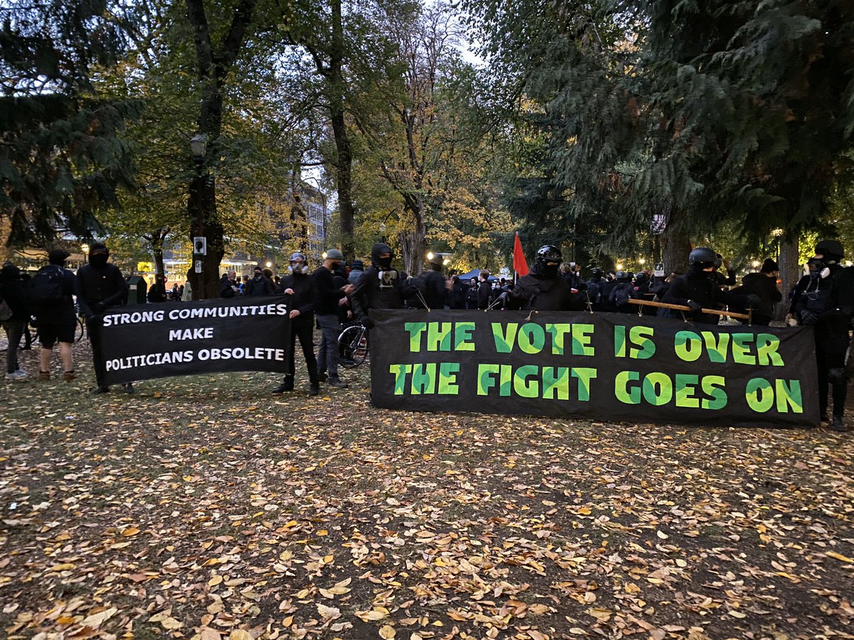 About 200 people are in downtown Portland for a planned protest, regardless of the winner, after the election. The social media flyer promoted becoming “ungovernable”Most of the protestors are dressed in black bloc.