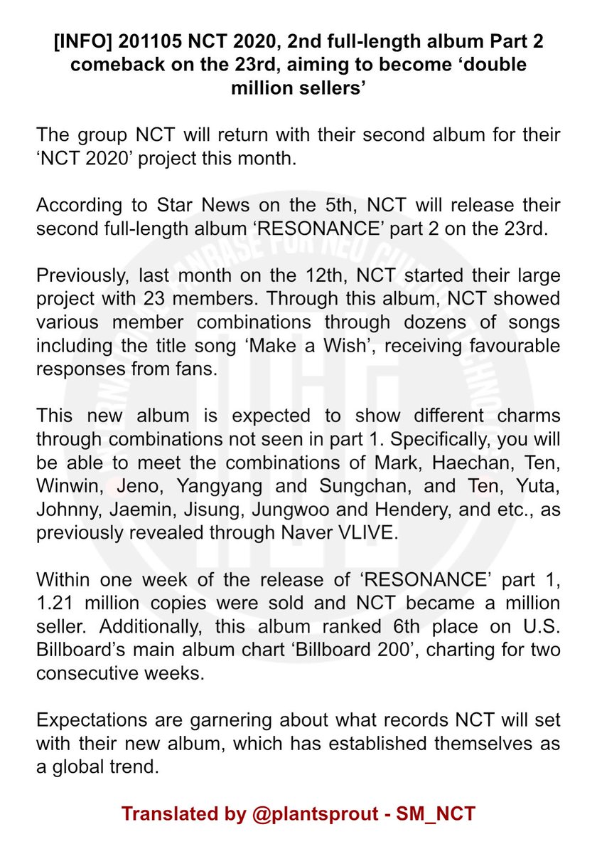 SM_NCT's tweet photo. [INFO] 201105 #NCT will release their 2nd full-length album ‘RESONANCE Pt. 2’ on November 23rd, aiming to become ‘double million sellers’.

Translated by @plantsprout - SM_NCT
https://t.co/z9rOIlqXFI https://t.co/1P2SlMOOOO