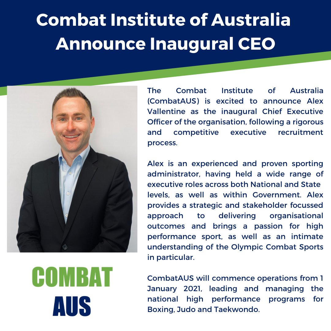 CEO Alex Vallentine to resign from JA to take on a new role with the Combat Institute of Australia.

JA thanks Alex for his hard work and dedication to the advancement of Judo in Australia over the past 5 years 👏🥋
➡️ ow.ly/Gh7O50CbZA3
#JudoInAustralia