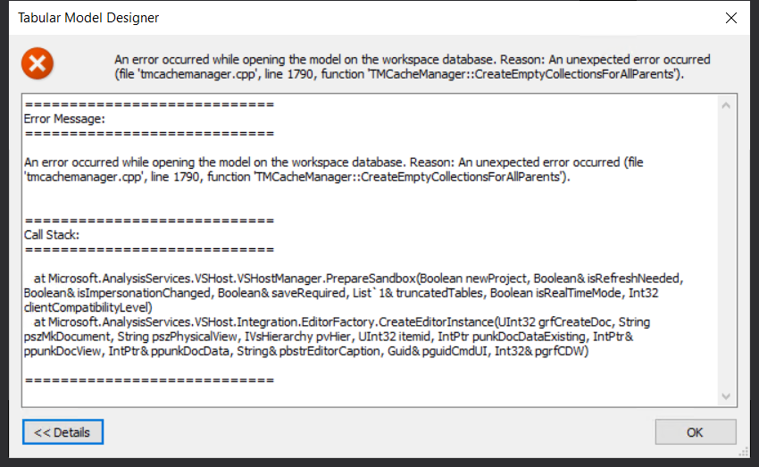 dirceuresende's tweet photo. Analysis Services - An error occurred while opening the model on the workspace database. Reason: An unexpected error occurred (file 'tmcachemanager.cpp', function 'TMCacheManager::CreateEmptyCollectionsForAllParents') - Link: https://t.co/gOZNVjdvt4

#AnalysisServicesSSAS https://t.co/jgJxs1FHjy