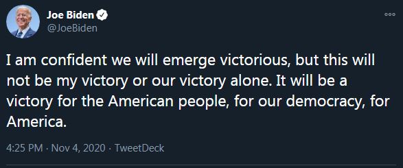 what Biden has done is signal that he will support the legitimacy of Trump's win (assuming it turns out that way) - in exchange, he wants to be treated equally on good termshe further implies he will bring his people on board with him to concede and support Trump's legitimacy