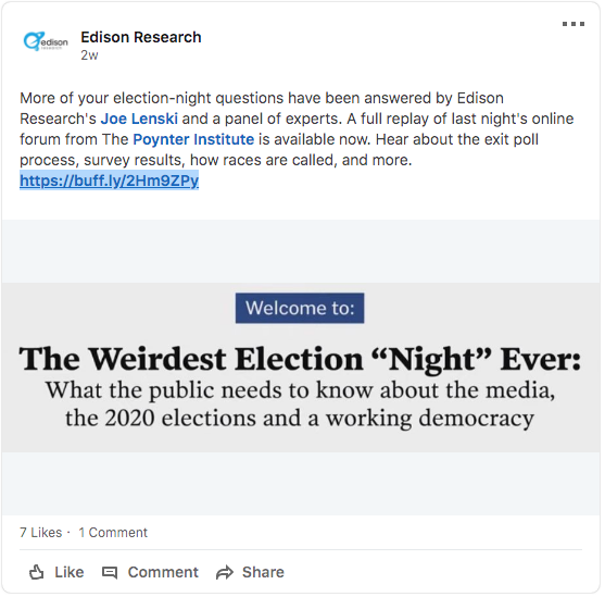 23/Edison's Linkedin.  https://www.linkedin.com/company/edison-researchIt has a VERY strange mention from TWO WEEKS ago about "Welcome to The Wierdest Election Night Ever" O.O They knew something was going to happen all right.