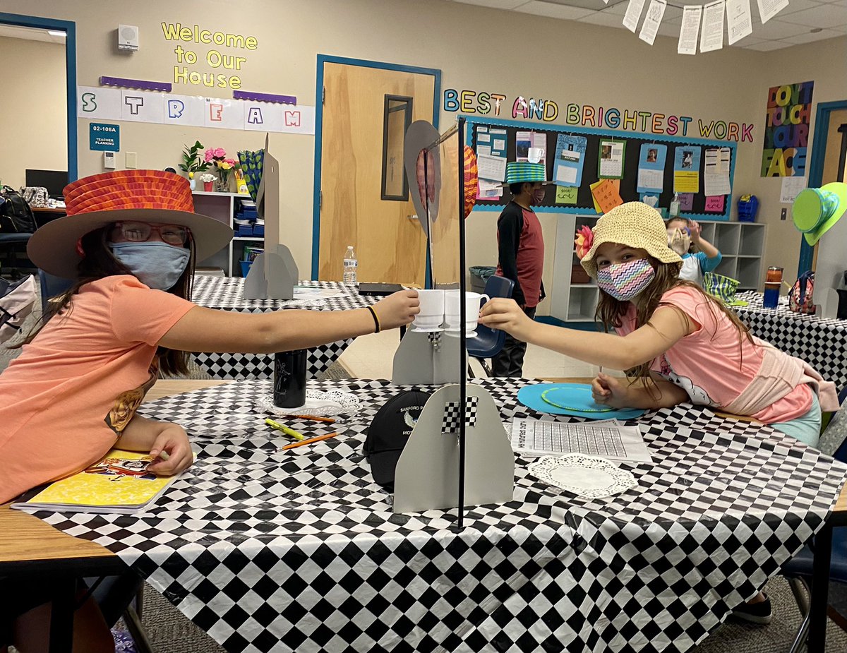 GrowinWithOwen's tweet photo. “We’re all mad here!” 🎩 Analyzing visual elements has never been more fun! #iteach5th #AliceInWonderland #AReadersWonderland #dleproud #madhattersteaparty @DreamLakeApopka https://t.co/LZzCjBxN0y